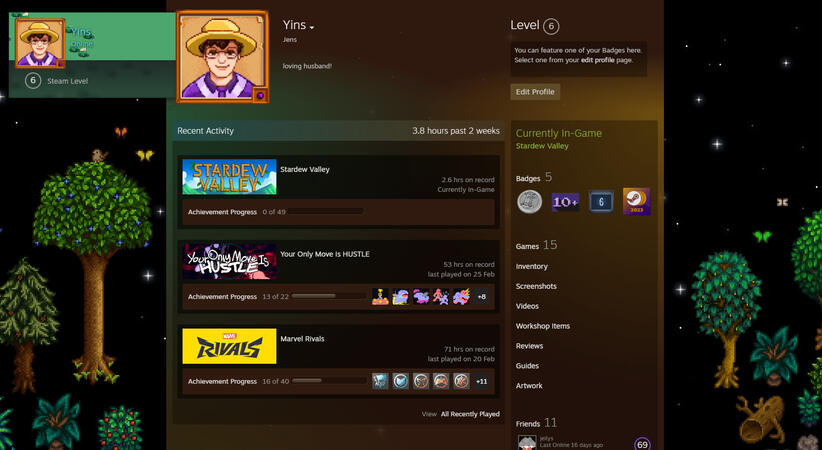 Using Stardew Valley-themed backgrounds and avatar frames from the Steam points shop!